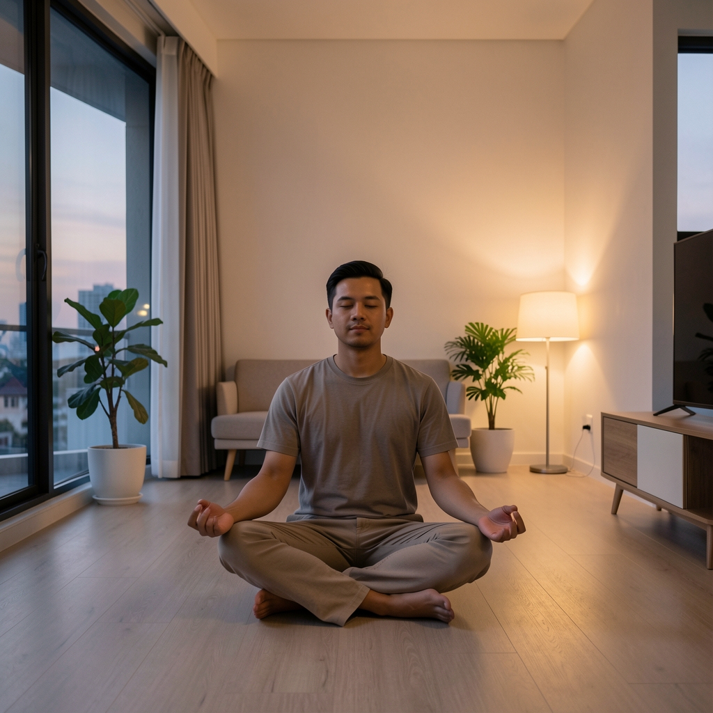 Man sitting in calm meditation posture in a minimally furnished Jakarta apartment interior at dusk, soft ambient lighting
