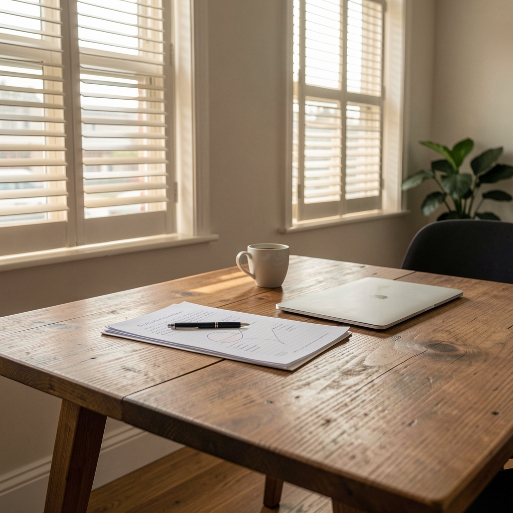 Editorial workspace interior at the Kelun Jakarta office, featuring a timber desk with research notes, a coffee cup, and natural light through louved windows