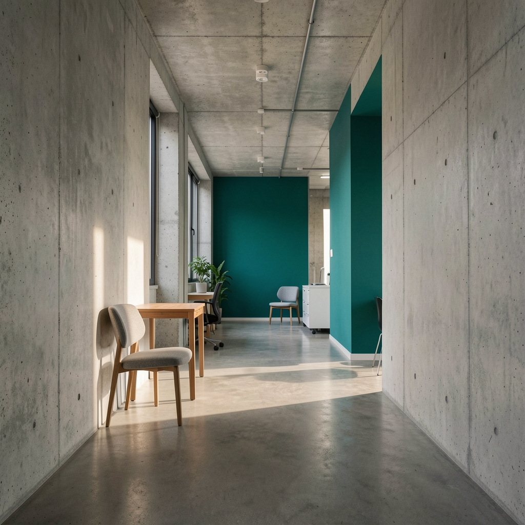 Kelun Jakarta editorial office hallway with exposed concrete walls and teal painted accent, minimal furniture, afternoon light