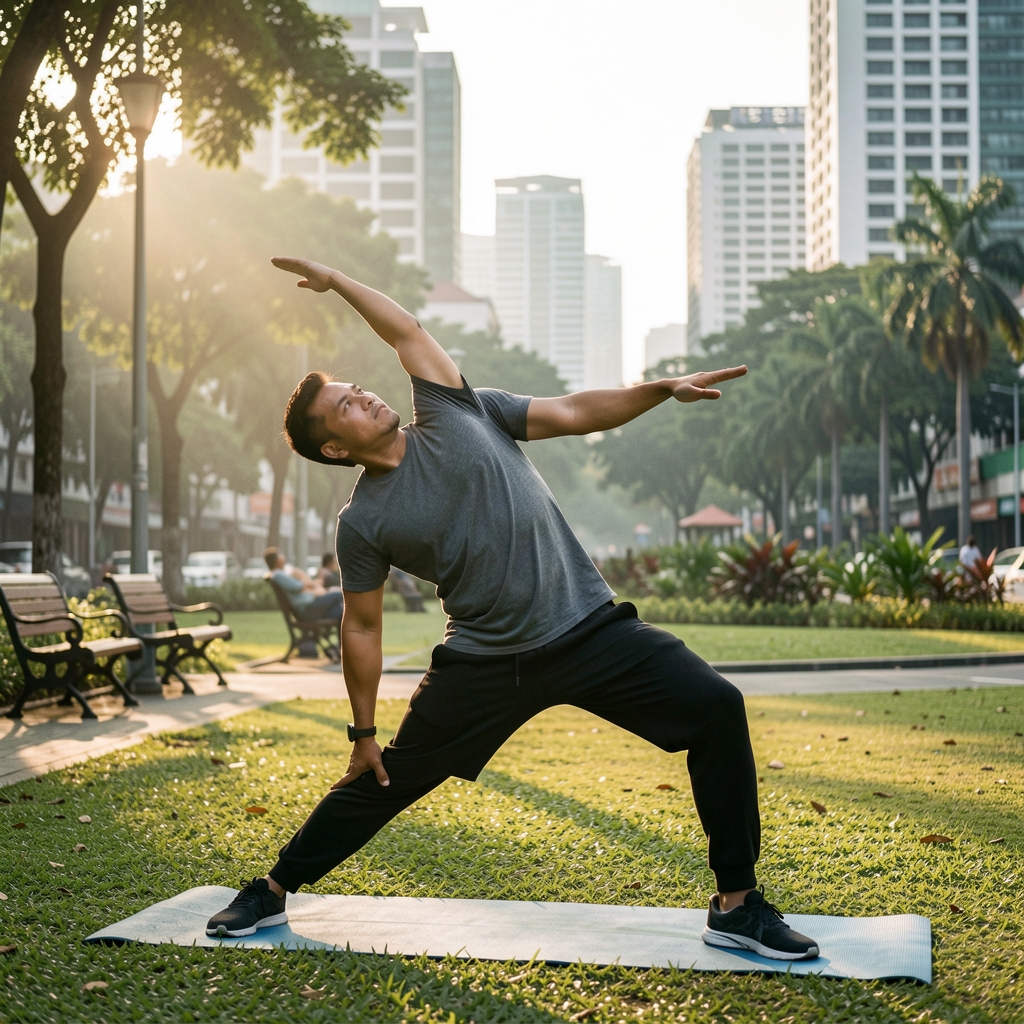 Active Indonesian man in early morning light stretching outdoors in an urban Jakarta park, documentary style