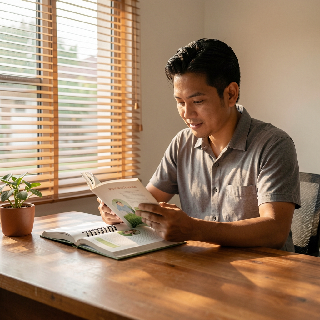 Indonesian man reviewing a wellness journal at a wooden desk with morning light filtering through window blinds