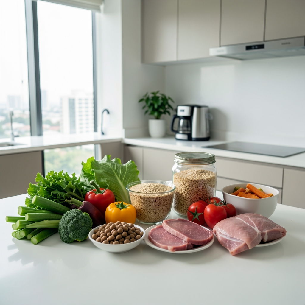 Neatly arranged whole foods including vegetables, grains and lean proteins on a clean kitchen surface in a modern Jakarta apartment