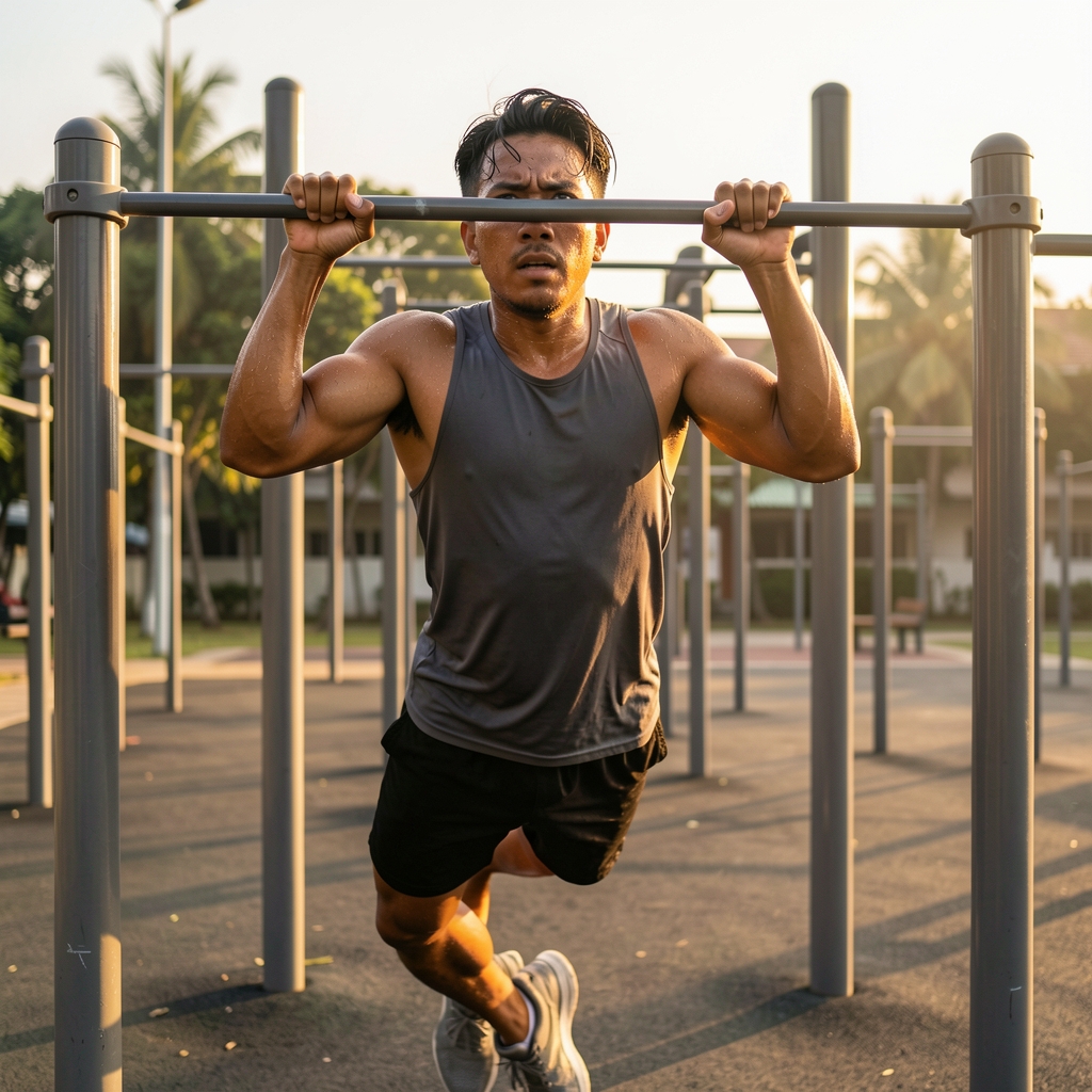 Man in athletic wear doing pull-up exercises at an outdoor calisthenic park in Jakarta at golden hour, sweat visible, focused expression
