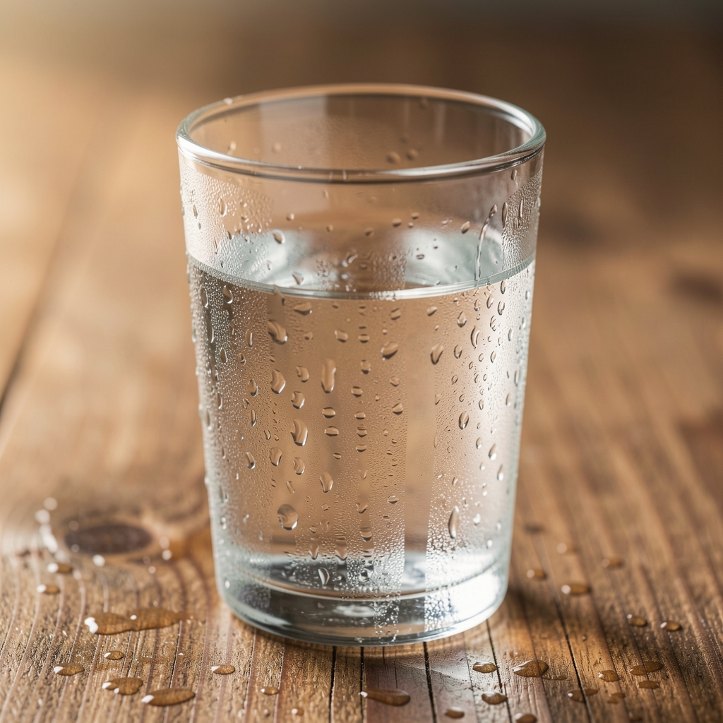 Close-up of a glass of water with condensation on a wooden surface, representing hydration habits in daily wellness routine