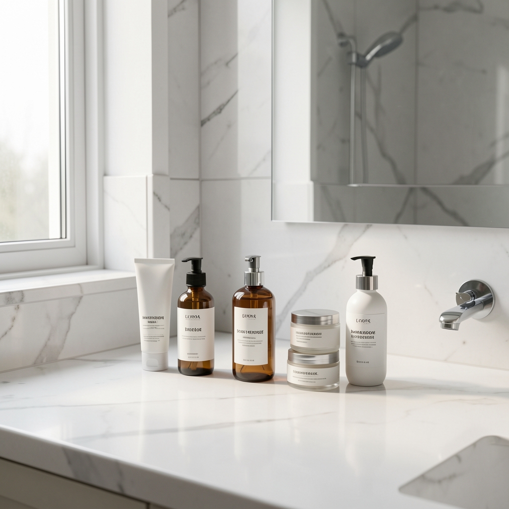 Clean bathroom counter with minimal grooming products arranged neatly on white marble, morning light from a high window, no clutter visible