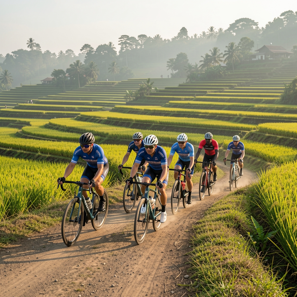 Group of cyclists on road bikes moving through terraced rice fields in Bandung region, early morning light, wearing matching athletic gear