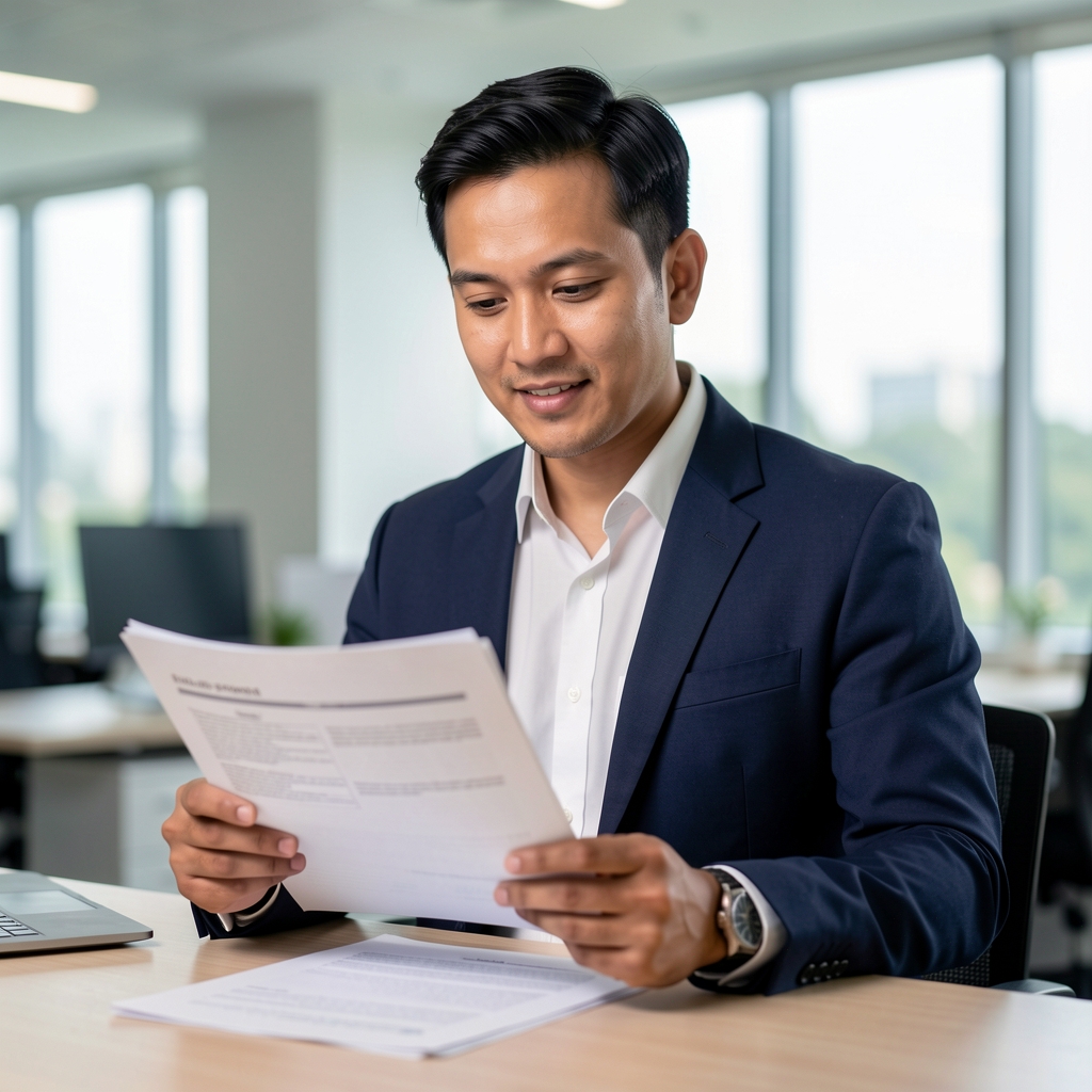 Editorial portrait of a man in his mid-thirties at a standing desk in a clean Jakarta office, reviewing printed research documents under controlled lighting