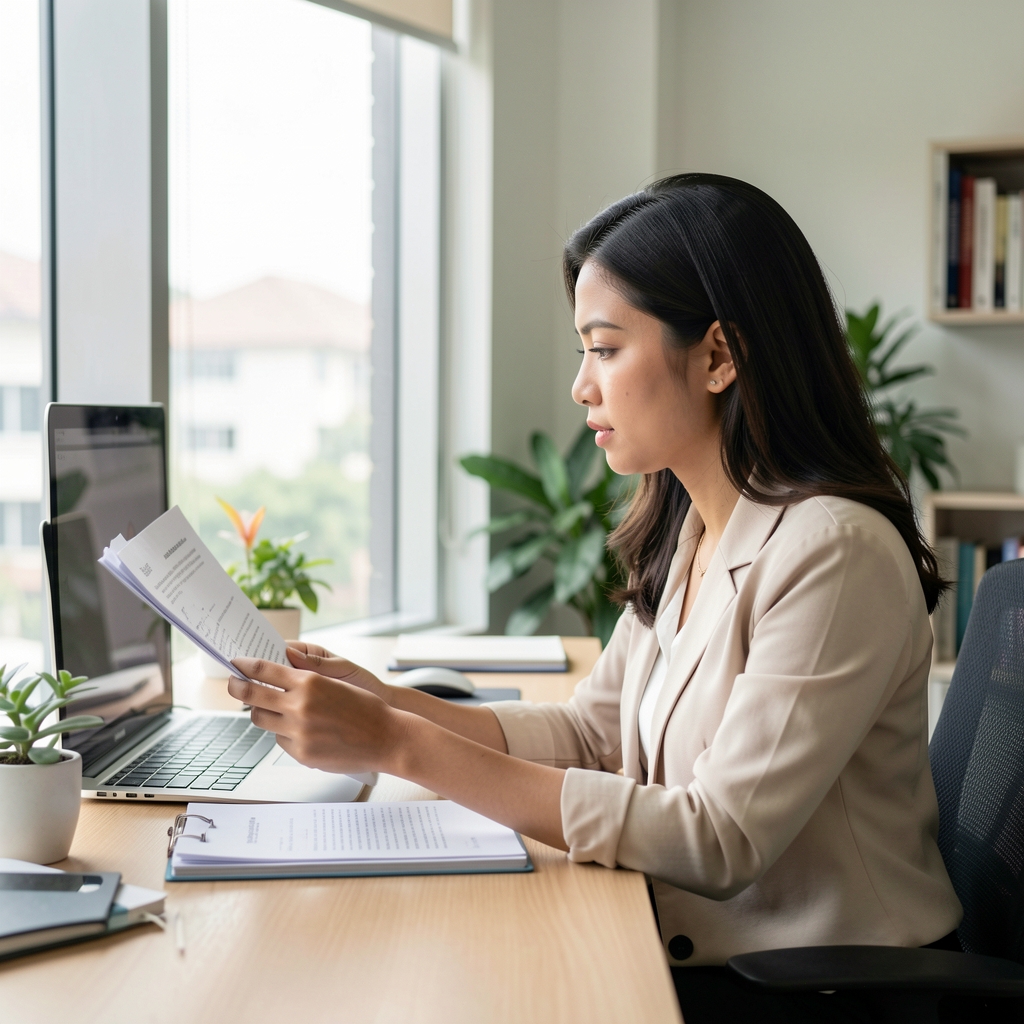Profile shot of a woman contributor reviewing wellness research papers at a light-filled Jakarta workspace, professional editorial setting
