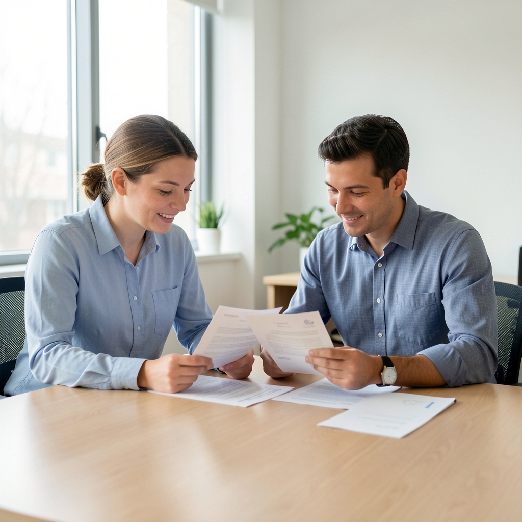 Two contributors reviewing printed wellness documents at a shared table in a clean office environment, natural light, no branded items visible